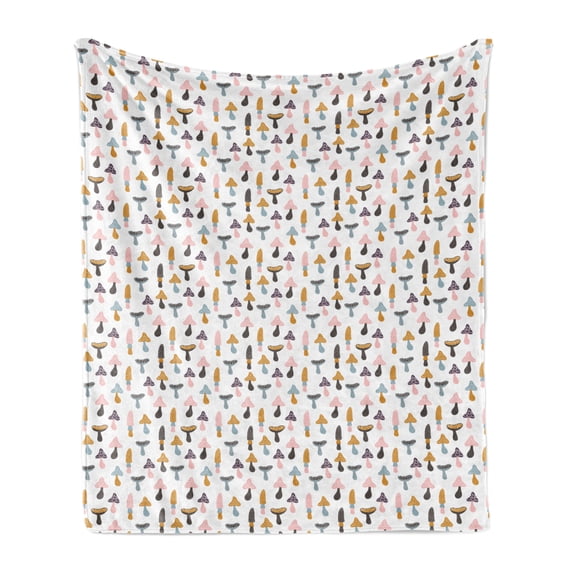 Mushroom Soft Flannel Fleece Throw Blanket, Colorful Pattern with Morchella Morel Porcini Mushrooms in Kids Cartoon Style, Cozy Plush for Indoor and Outdoor Use, 70" x 90", Multicolor, by Ambesonne