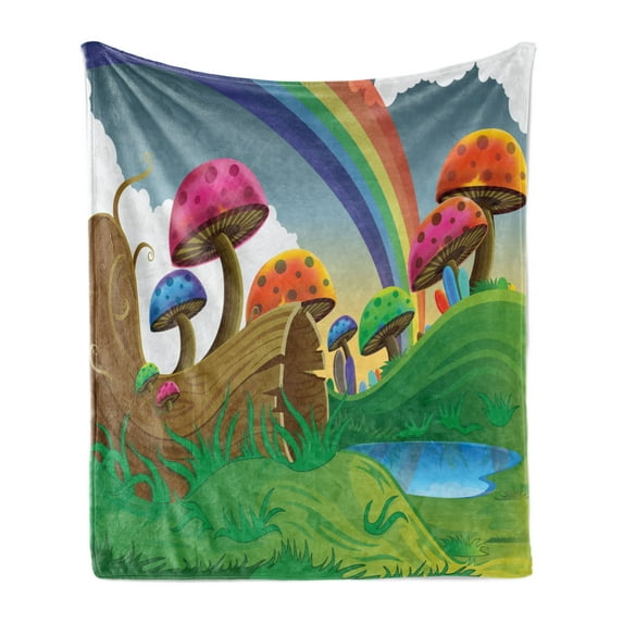 Mushroom Soft Flannel Fleece Throw Blanket, Countryside Sunny Playful Environment Foliage Rainbow Spring Scenery Kids Room, Cozy Plush for Indoor and Outdoor Use, 60" x 80", Multicolor, by Ambesonne