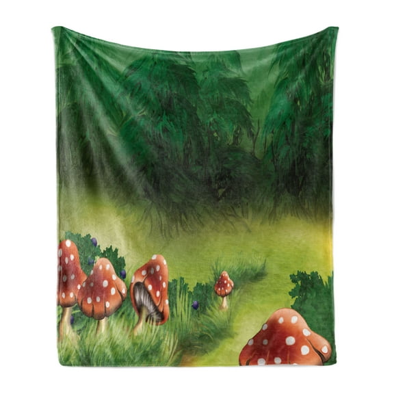 Mushroom Soft Flannel Fleece Throw Blanket, Fly Agarics Wonderland Lawn Meadow Scenery Greenwood, Cozy Plush for Indoor and Outdoor Use, 50" x 60", Apple Green Fern Green, by Ambesonne