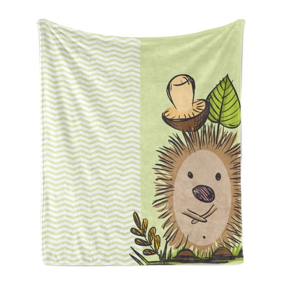 Mushroom Soft Flannel Fleece Throw Blanket, Hedgehog Chevron Stripes Pattern Spiky Animal Wildlife Cartoon Design, Cozy Plush for Indoor and Outdoor Use, 60" x 80", Green Brown Beige, by Ambesonne