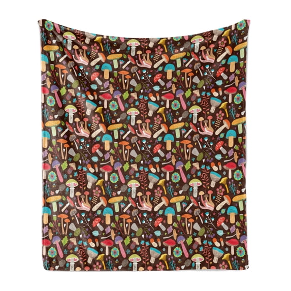 Mushroom Soft Flannel Fleece Throw Blanket, Paradise by Assorted Abstract Fungi Types and Forest Plants Hand Drawn Style, Cozy Plush for Indoor and Outdoor Use, 50" x 70", Multicolor, by Ambesonne