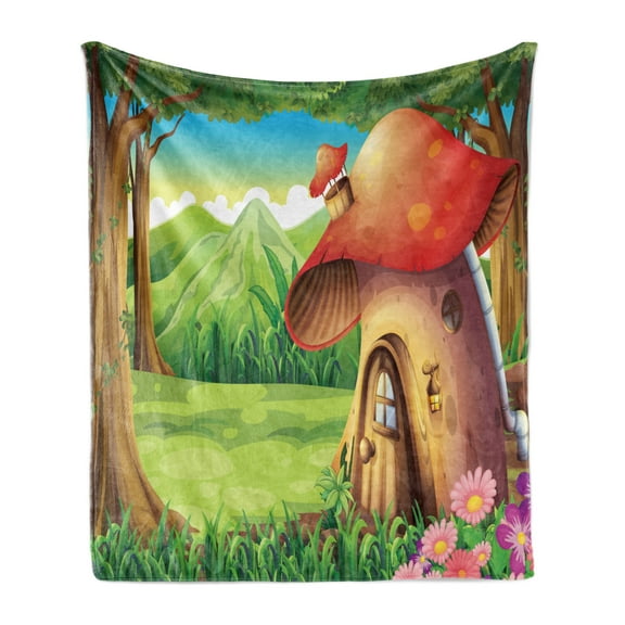 Mushroom Soft Flannel Fleece Throw Blanket, Shroom House Land Mountain Daisies Surrounding Woods Mountain, Cozy Plush for Indoor and Outdoor Use, 50" x 60", Scarlet Pale Brown Green, by Ambesonne