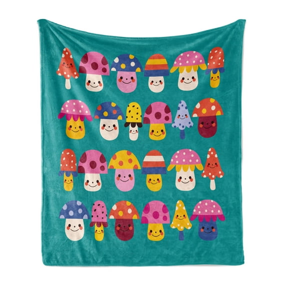 Mushroom Soft Flannel Fleece Throw Blanket, Smiling Funky and Shapes with Polka Dots and Stripes, Cozy Plush for Indoor and Outdoor Use, 70" x 90", Dark Seafoam Multicolor, by Ambesonne