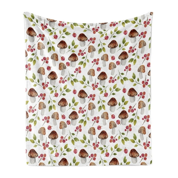 Mushroom Soft Flannel Fleece Throw Blanket, Watercolor Art Pattern with Forest Elements Fungus Berry Branches Autumn Theme, Cozy Plush for Indoor and Outdoor Use, 50" x 60", Multicolor, by Ambesonne