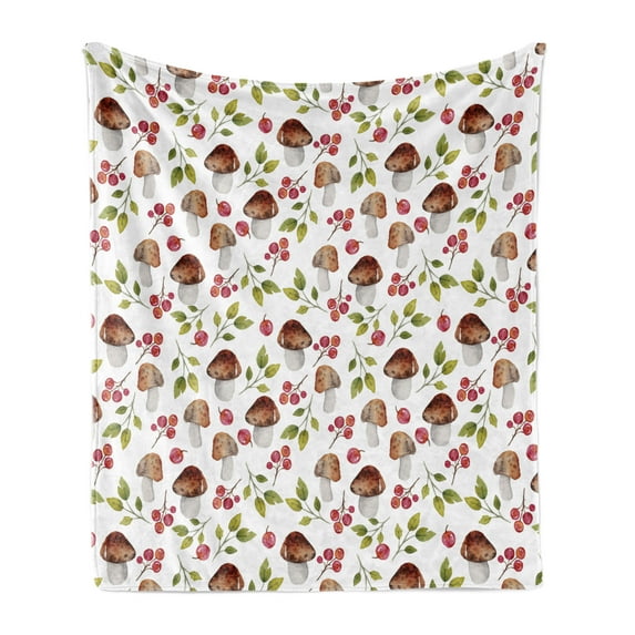Mushroom Soft Flannel Fleece Throw Blanket, Watercolor Art Pattern with Forest Elements Fungus Berry Branches Autumn Theme, Cozy Plush for Indoor and Outdoor Use, 60" x 80", Multicolor, by Ambesonne