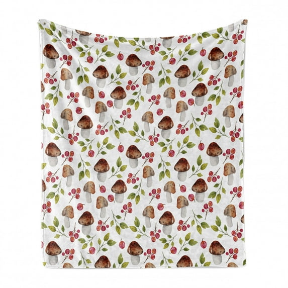 Mushroom Soft Flannel Fleece Throw Blanket, Watercolor Art Pattern with Forest Elements Fungus Berry Branches Autumn Theme, Cozy Plush for Indoor and Outdoor Use, 70" x 90", Multicolor, by Ambesonne
