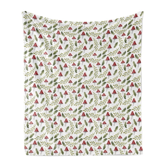 Mushroom Soft Flannel Fleece Throw Blanket, Watercolor Pattern Green Leaves Forest Elements Botanical Woodland Theme, Cozy Plush for Indoor and Outdoor Use, 50" x 60", Reseda Green Ruby, by Ambesonne