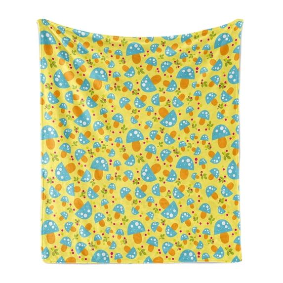 Mushroom Soft Flannel Fleece Throw Blanket, Woodland Cartoon Blue Mushrooms in Childish Drawing on Yellow Background, Cozy Plush for Indoor and Outdoor Use, 60" x 80", Yellow Multicolor, by Ambesonne