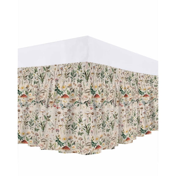 Mushroom Spring Bed Skirt Queen Size 16" Drop Floral Summer Plant Leaves Linen Ruffled Wrap Around Bed Skirts Adjustable Elastic Bedskirt Dust Ruffle for Queen Size Bed