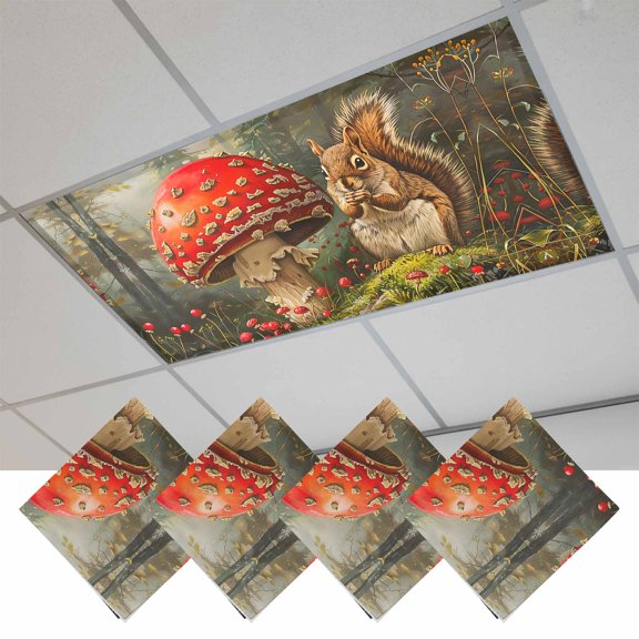 Mushroom Squirrel Fluorescent Light Covers, Vintage Mushroom Botanical Magnetic Light Covers for Ceiling Lights, Fluorescent Ceiling Shade Filters for Classroom Bedroom Office 4x2Ft x 4PCS