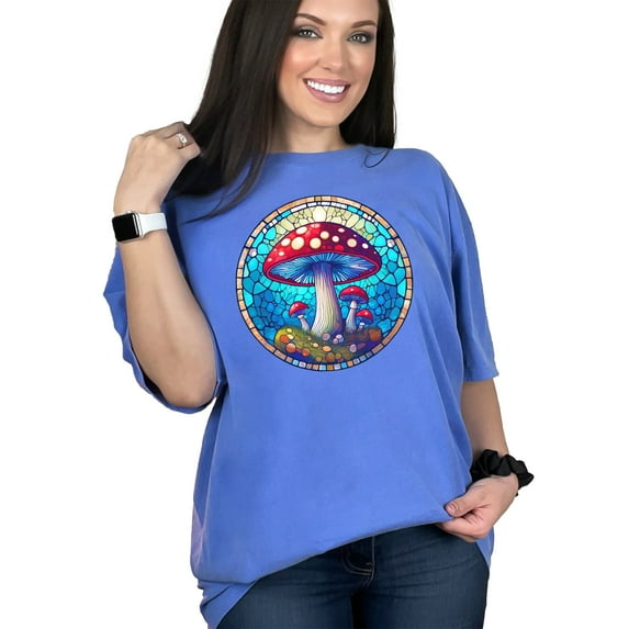 Mushroom Stained Glass Style T-Shirt, Psychedelic Mushroom Art Tee, Colorful Magic Mushroom Shirt, Unique Gift For Nature Lovers, Flo Blue Comfort Colors T-Shirt, Medium