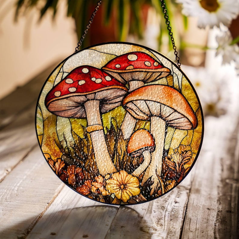 Mushroom Stained Glass SunCatcher Fungi LightCatcher Mycology Window