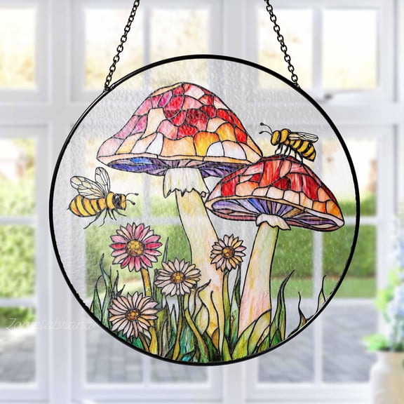 Mushroom Stained Glass Suncatcher, Forest Nature Window Hanging, Mushroom & Bee Ornament Gift for Cottagecore Decor