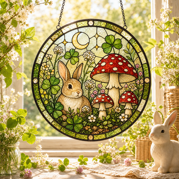 Mushroom Stained Glass Suncatcher with Bunny, Clover & Wildflowers Spring Window Decor