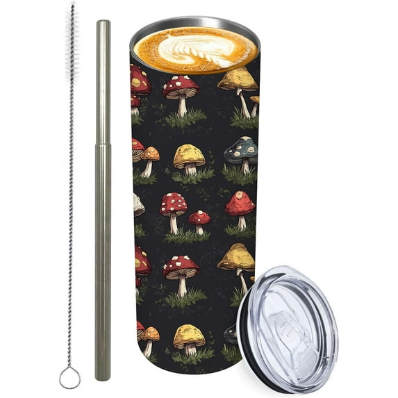 Mushroom Stainless Tumbler with lid,20oz Travel Mug, Reusable Metal Straw & Brush, Double-Wall Vacuum Bottle Cup for Coffee Wine Tea Hot and Cold Drinks,Gifts