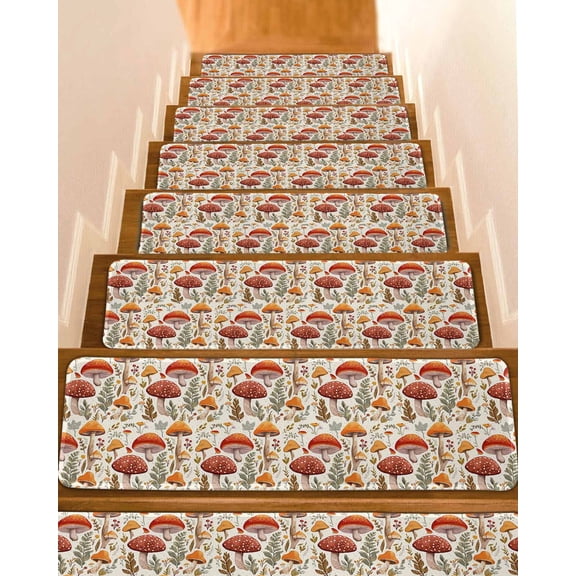 Mushroom Stair Treads for Wooden Steps Indoor Runner Rug Carpet, Fall Thanksgiving Mushroom Maple Leaf Botanical 7 Pieces Peel and Stick Staircase Step Treads Covers Washable Throw Door Mats, 30"x8"