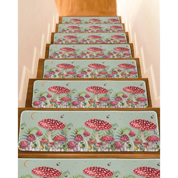 Mushroom Stair Treads for Wooden Steps Indoor Runner Rug Carpet, Sage Green Butterfly Moon Eucalyptus Leaf 4 Pieces Peel and Stick Staircase Step Treads Covers Washable Throw Door Mats, 30"x8"