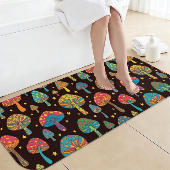 Mushroom and Star Black Pattern Non-Slip Bath Mat, Bedroom Area Mat ...