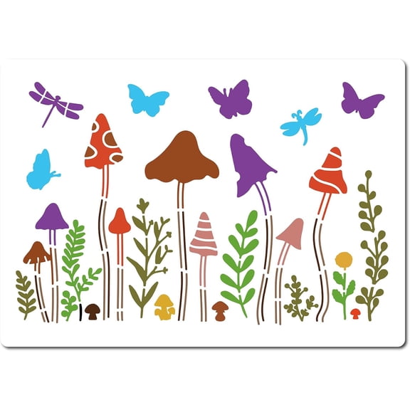 Mushroom Stencil 29.7x21cm Spring Plants Template Grass Butterfly Dragonfly Pattern Reusable Plastic Drawing Stencils for Painting on Wood Wall Furniture Canvas Fabrics