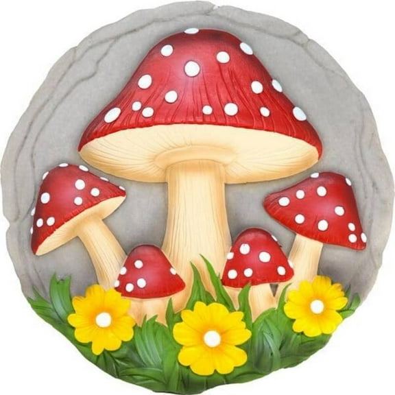 Mushroom Stepping Stone - Cottage Core Decorative Garden Stone | Red & White Spotted Mushrooms with Green Foliage | Rustic Fairy-Tale Outdoor/Indoor Decor