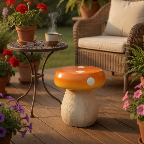 Mushroom Stool, 13.4 inch Oversized Garden Stool & Resin Mushroom Seat, Cute Mushroom Stool for Hand-Painted Outdoor and Indoor Decor, Orange