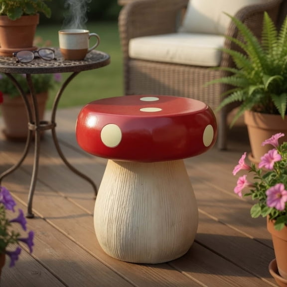 13.4" Oversized Mushroom Statue Stool, Resin Garden Stool with Forest Base, Multi-Purpose Plant Stand & Side Table for Patio, Balcony & Courtyard, Red