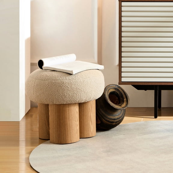 Mushroom Stool with Greige Plush and Walnut / Multi - use in Daily Life