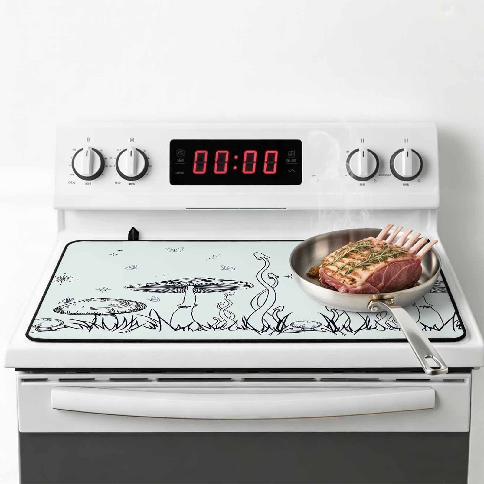 Mushroom Stove Top Cover for Electric Stove, Heat-proof & Non Slip Glass Top Stove Cover Protector, Black Lines Botanical Butterfly Spring Floral Kitchen Flat Cooktop Rubber Mat 24x21 Inches