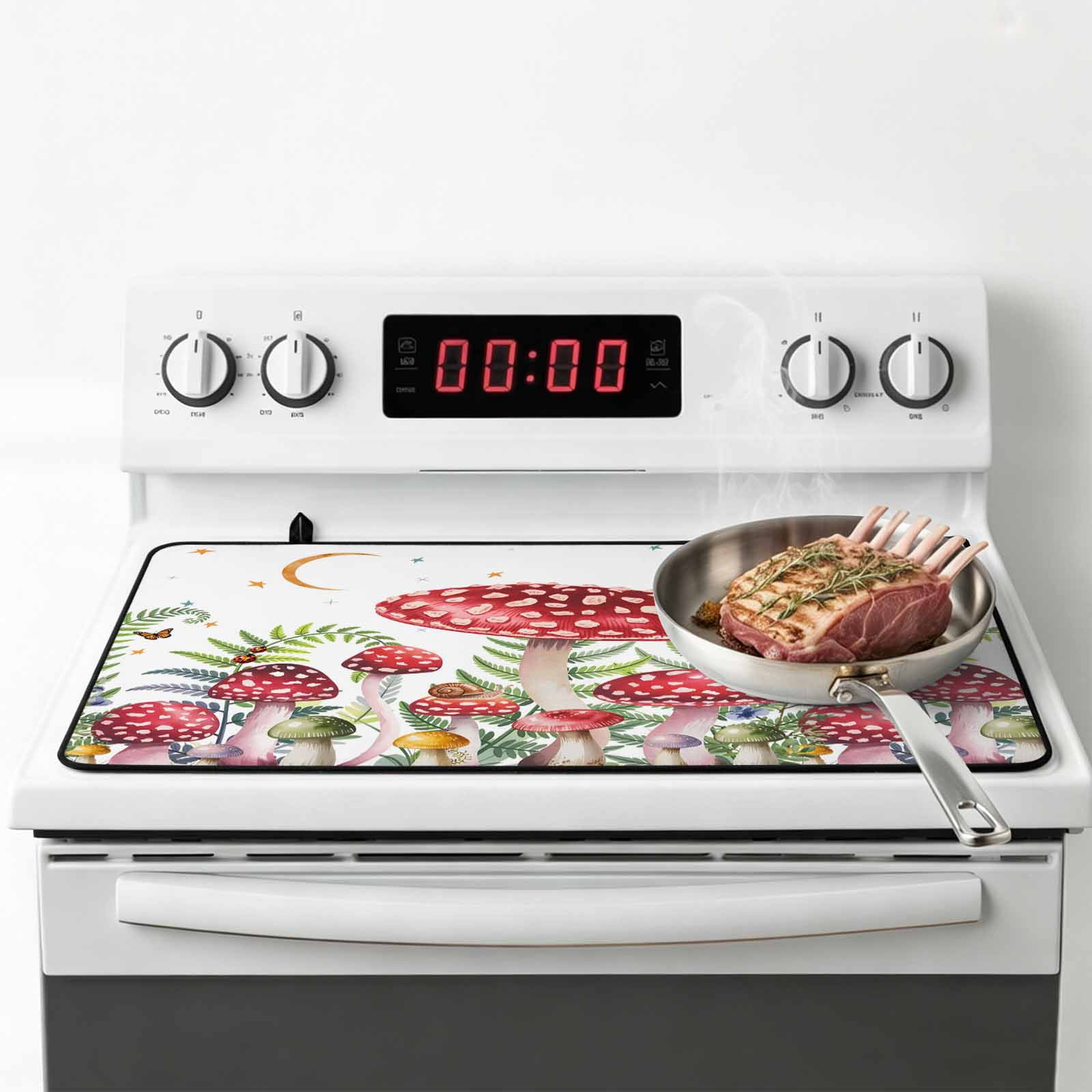 Mushroom Stove Top Cover for Electric Stove, Heat-proof & Non Slip Glass Top Stove Cover Protector, Butterfly Eucalyptus Leaf Butterfly Plant Kitchen Flat Cooktop Rubber Mat 36x21 Inches