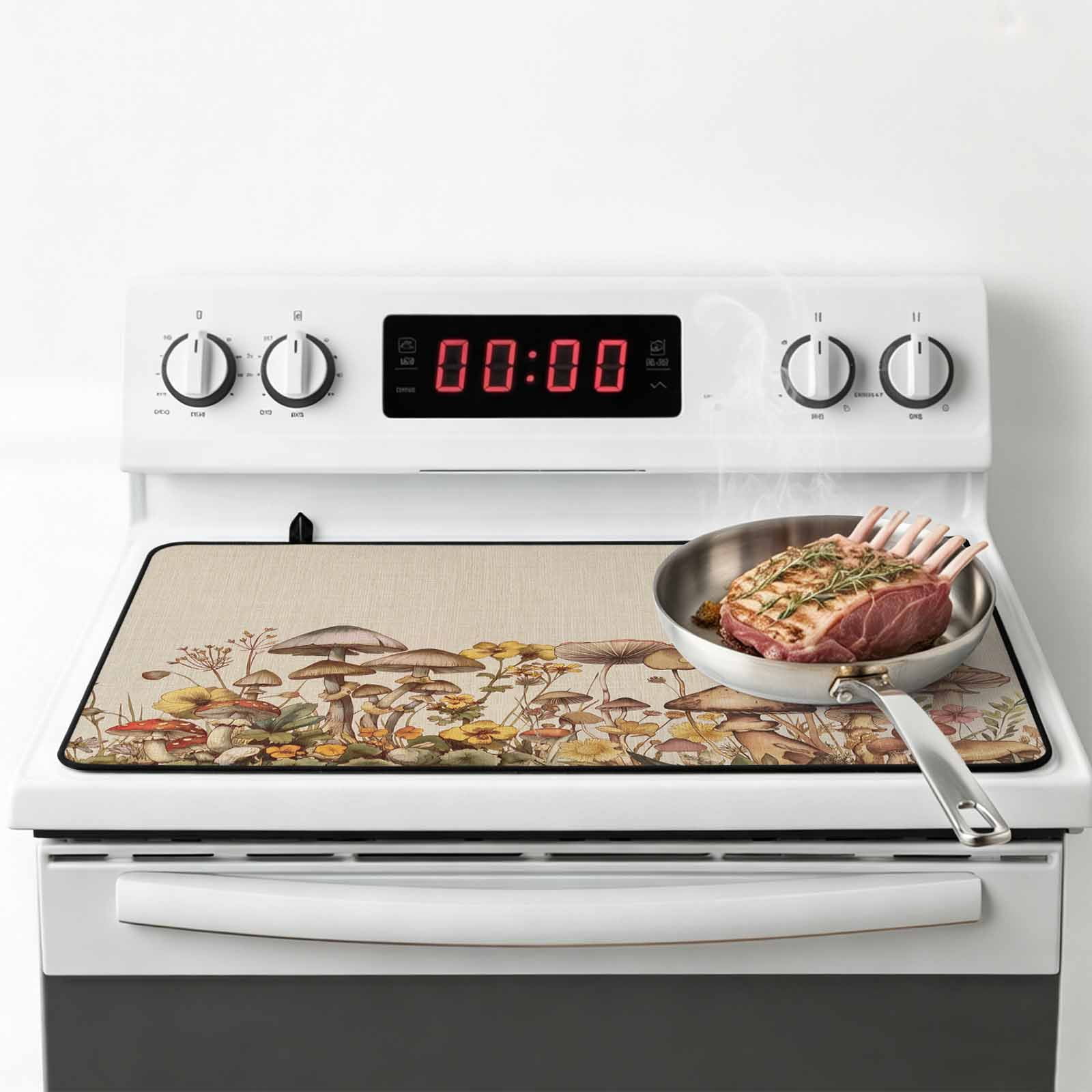 Mushroom Stove Top Cover for Electric Stove, Heat-proof & Non Slip Glass Top Stove Cover Protector, Farmhouse Summer Botanical Floral Rustic Kitchen Flat Cooktop Rubber Mat 24x21 Inches