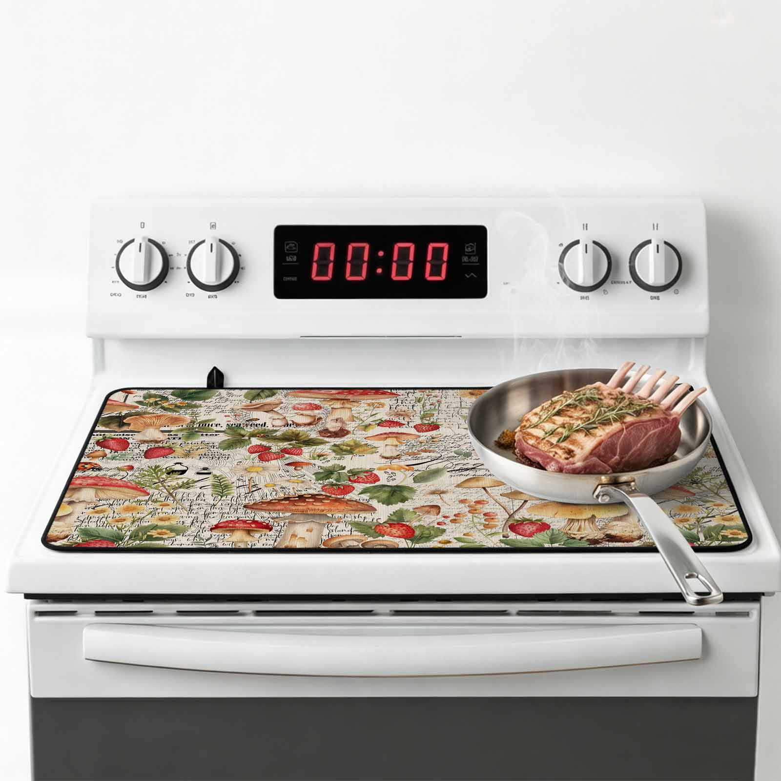 Mushroom Stove Top Cover for Electric Stove, Heat-proof & Non Slip Glass Top Stove Cover Protector, Pastoral Summer Botanical Watercolor Spring Floral Kitchen Flat Cooktop Rubber Mat 28.5x20.5 Inches