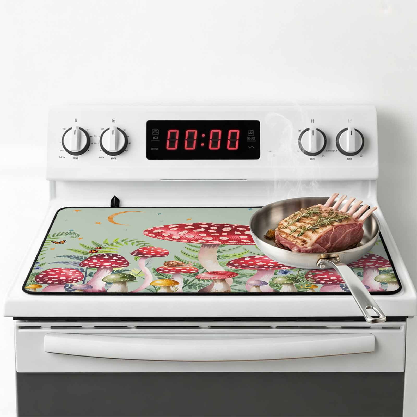 Mushroom Stove Top Cover for Electric Stove, Heat-proof & Non Slip Glass Top Stove Cover Protector, Sage Green Butterfly Moon Eucalyptus Leaf Kitchen Flat Cooktop Rubber Mat 36x21 Inches