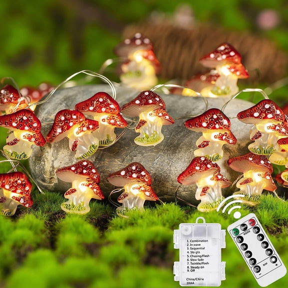 10FT 30LED Mushroom String Lights, Battery Powered Mushroom Fairy Lights with Remote & Timer, Waterproof Indoor Outdoor Decor Lights for Bedroom, Dorm, Party, Christmas, Wedding, Patio