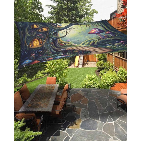 Mushroom Sun Sail Shades Rectangle Canopy,Sunlight Block Heavy Duty Curved Backyard Shade Cover,Dream Forest Wooden Cottage Floral Plant Waterproof Sun Shades for Patios Garden Pergola 14'x18'