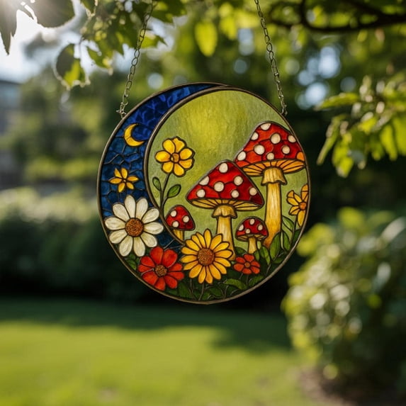 Mushroom Suncatcher Window Decor, Stained Glass Mushrooms Cottagecore Home Decor, Fairycore Cottagecore Gift, Acrylic Moon and Flowers Art