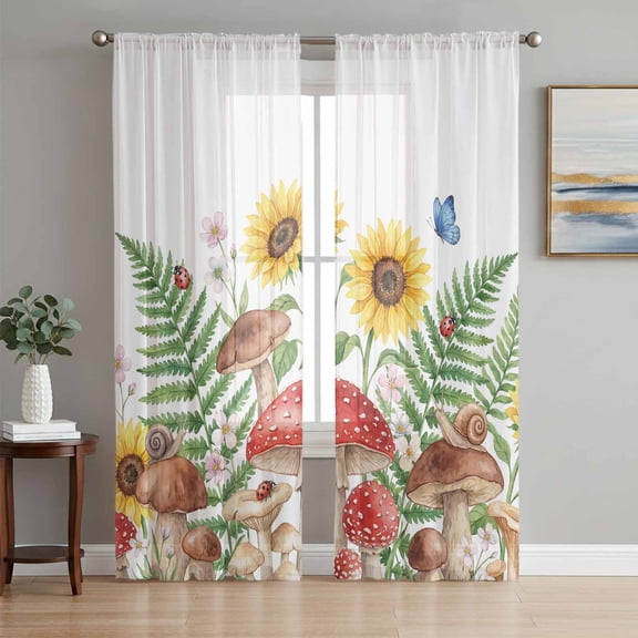 Mushroom Sunflowers Sheer Curtains 84 Inch Length 2 Panels for Living Room, Summer Botanical Butterfly Pastoral Voile Kitchen Curtain Set, Luxury Privacy Drapes Window Treatment for Bedroom