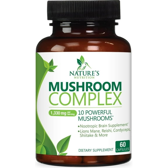 Mushroom Brain Supplement 1330 mg - 10 in 1 High Strength Mushroom Complex with Lions Mane, Turkey Tail, Reishi, Cordyceps, Chaga & Brain Nootropic Complex for Memory & Focus Support - 60 Capsules