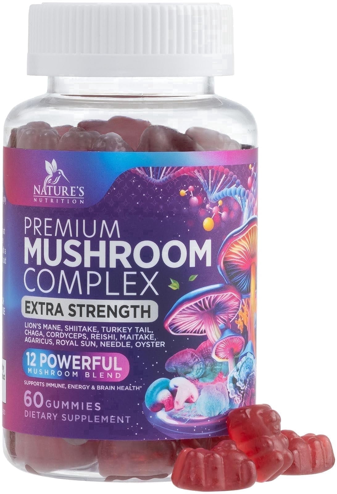 Mushroom Supplement Gummies - 12 in 1 with Lions Mane, Reishi, Cordyce - Nature's Nutrition