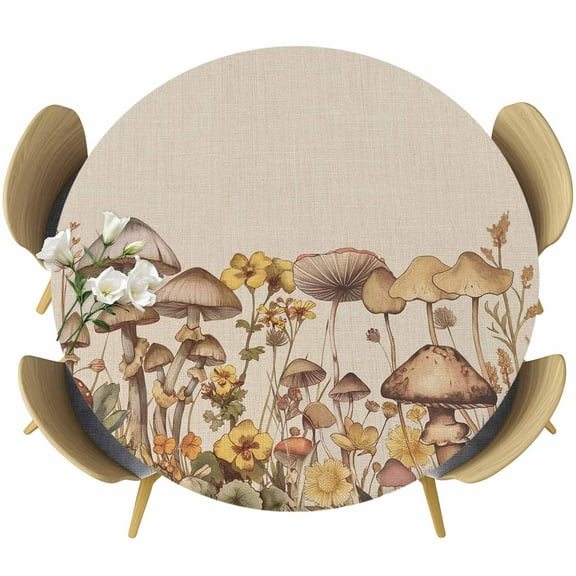 Mushroom Table Cloth, Round Fitted Tablecloths with Elastic Edge, Farmhouse Summer Botanical Floral Rustic Wipeable Waterproof Table Cover for Kitchen Wedding 36-44 Inches