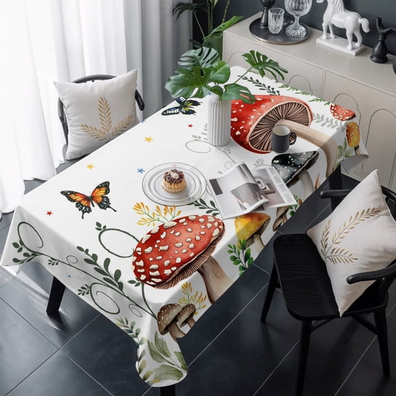 Mushroom Table Cloth Waterproof Tablecloths, Butterfly Botanical Star Country Plant White Tablecloth Dining Table Cover for Kitchen Party Tabletop Outdoor, Rectangle Tablecloth 54x108 Inch