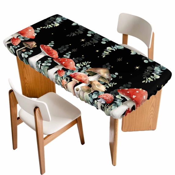 Mushroom Table Cloths for 6 Foot Rectangle Tables, Watercolor Botanical Sage Green Eucalyptus Leaves Patio Waterproof Elastic Fitted Tablecloths, Washable Rectangular Table Cover for Camping