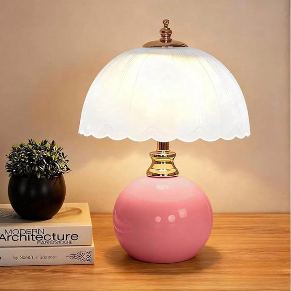 Mushroom Table Lamp, Ceramic Bedside Lamp With Glass Shade, 3-Way Lighting Rocker Switch, Small Nightstand Lamp For Bedroom, Living Room, Office, White