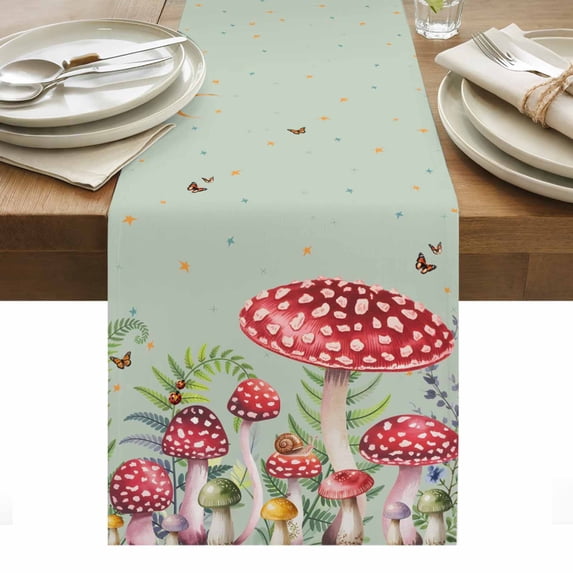 Mushroom Table Runner - 90 Inch Long, Kitchen Dining Table Runner Dresser Scarves, Sage Green Butterfly Moon Eucalyptus Leaf Farmhouse Decor for Coffee Tables Wedding Party Banquet