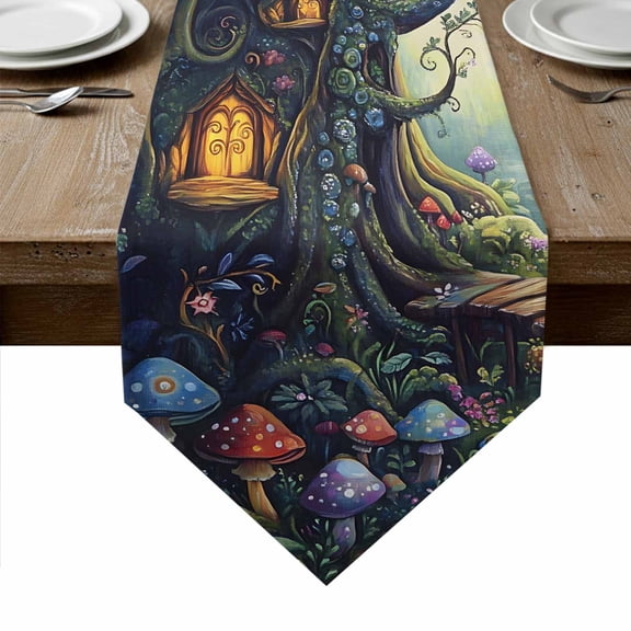 Mushroom Table Runner Linen Burlap Table Runner 36 Inches Small Dream Forest Wooden Cottage Floral Plant Dresser Scarves for Kitchen Island Coffee Dining Room Party Wedding Holiday Decoration 13"x36"