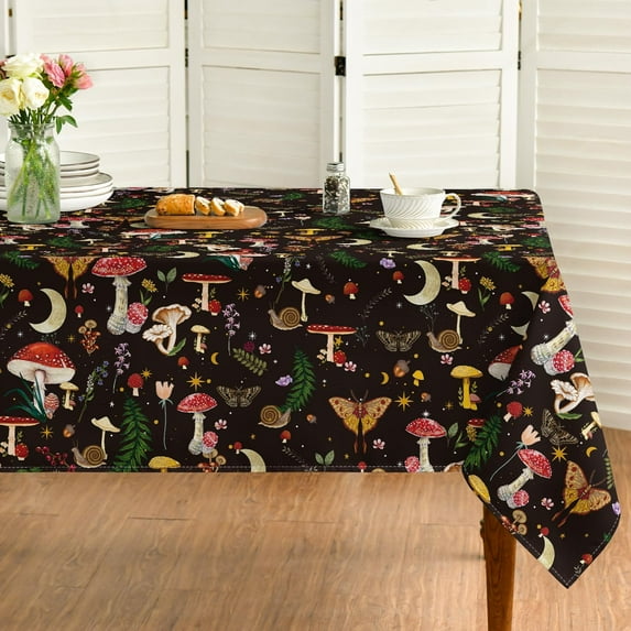 Mushroom Tablecloth 60x84 Inch Rectangular, Seasonal Black Vintage Moths Washable Seasonal Table Cover for Party Picnic Dinner Decor
