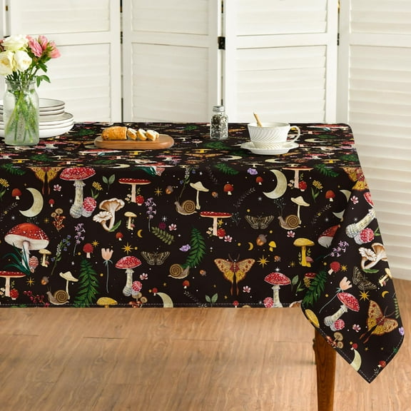 Mushroom Tablecloth 60x84 Inch Rectangular, Seasonal Black Vintage Moths Washable Seasonal Table Cover for Party Picnic Dinner Decor