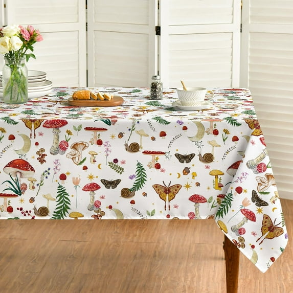 Mushroom Tablecloth 60x84 Inch Rectangular, Seasonal White Vintage Moths Washable Seasonal Table Cover for Party Picnic Dinner Decor