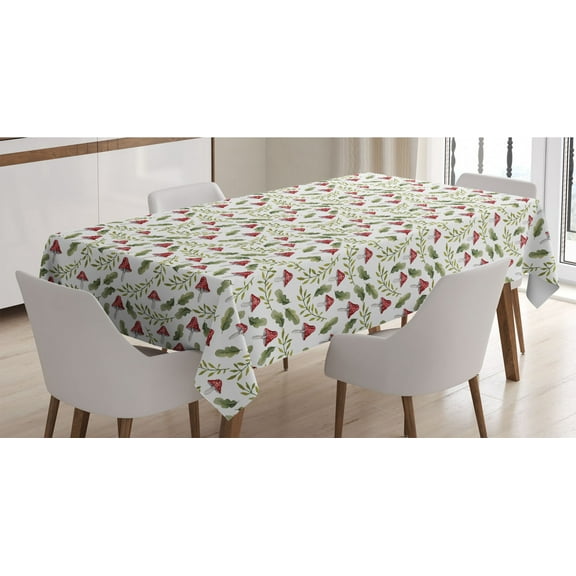 Mushroom Tablecloth, Watercolor Pattern Green Leaves Forest Elements Botanical Woodland Theme, Rectangle Satin Table Cover for Dining Room and Kitchen, 52" X 70", Reseda Green Ruby, by Ambesonne