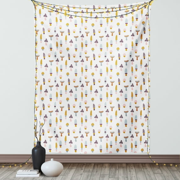 Mushroom Tapestry, Autumn Season Fungi Pattern with Different Colors Doodle Swirls and Stripe Motifs, Wall Hanging for Bedroom Living Room Dorm Decor, 60W X 80L Inches, Multicolor, by Ambesonne