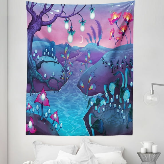 Mushroom Tapestry, Cartoon Style Fantasy Nocturnal Landscape with the River Mushrooms and Trees, Fabric Wall Hanging Decor for Bedroom Living Room Dorm, 5 Sizes, Blue Fuchsia, by Ambesonne
